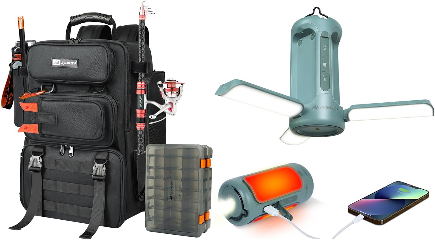 ayamaya Foldable Lights + Fishing Backpack, Rechargeable 10000mAh LED Camping Lantern Built-in Emergency Power, Black 40L Tackle Backpack for Fishing Camping
