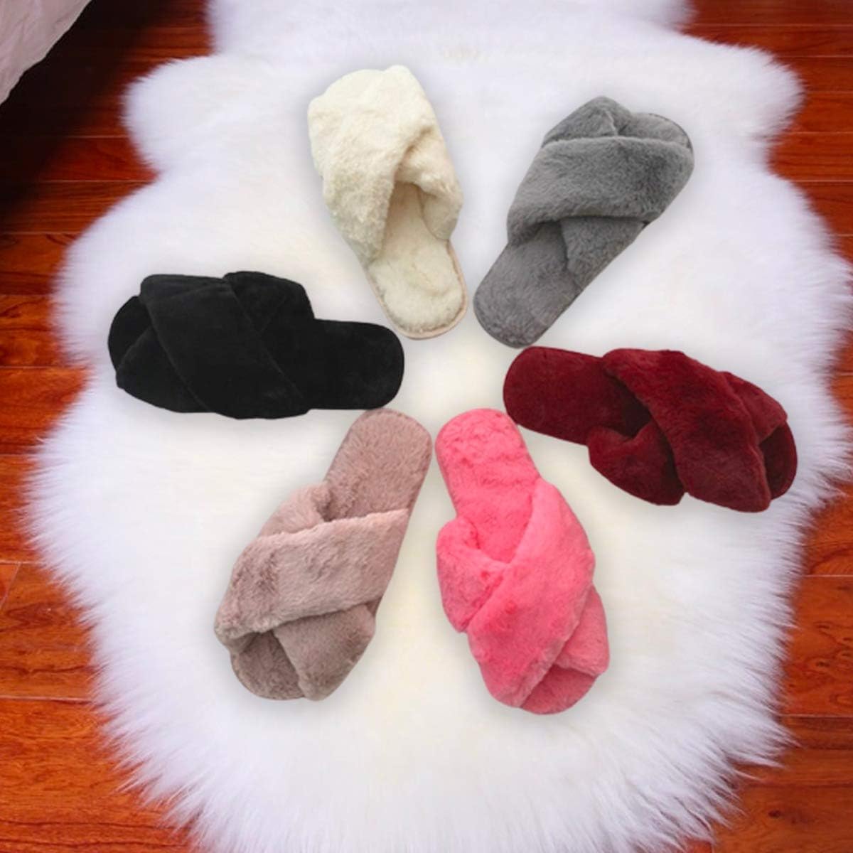 U-slide Women’s Cross Band Soft Plush Fluffy Furry Fleece House Indoor or Outdoor Ladies’ Slide Slippers, Powder Pink, L(9-10) - Image 9