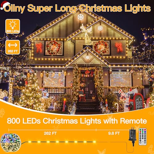 Image of Ollny Christmas Lights 262 FT 800 LED IP67 Waterproof, Color Changing Christmas Lights Outdoor with Remote, 11 Modes Dimmable Timer Warm White to Multicolored Changeable String Lights for House Decor