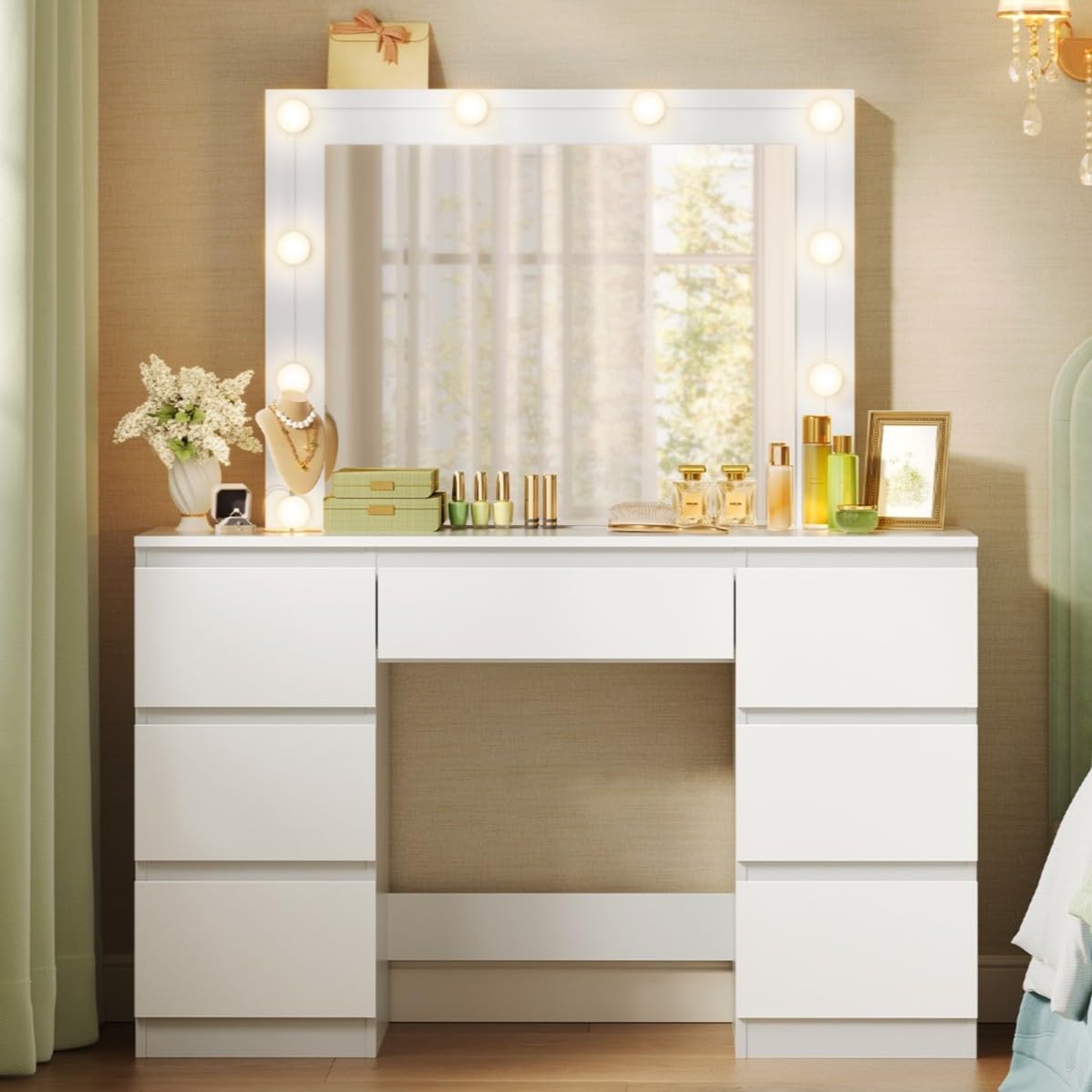 WOLTU Schminktisch mit Beleuchtung Hollywood, 3 Lichtmodi, großer Schminktisch mit Spiegel, Frisiertisch mit 7 Schubladen, 107×140,5×39,5 cm, Moderne Möbel für Schlafzimmer, Weiß
