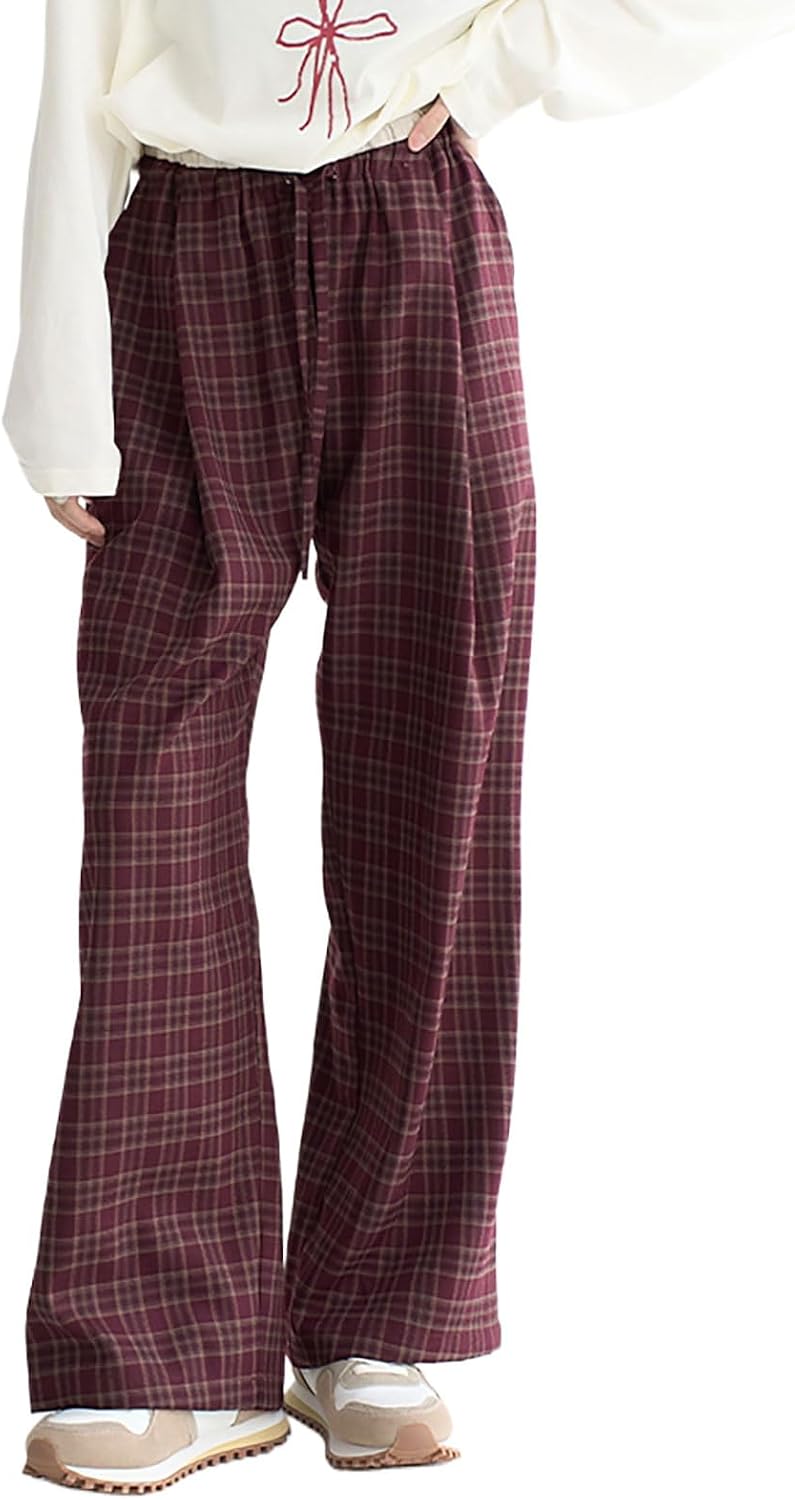 Women's Y2K Goth Baggy Wide Leg Plaid Pants Drawstring High Waist Color Blocking Casual Elastic Waist Trouser