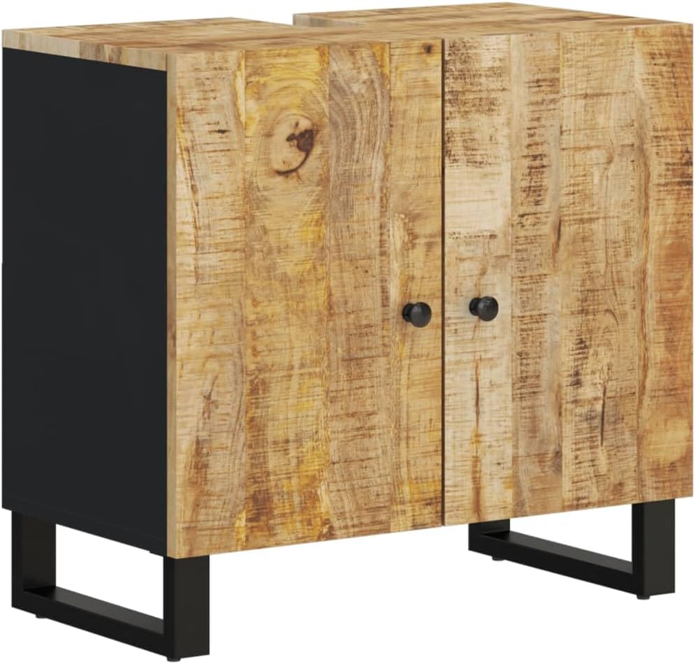 Bathroom Furniture Set, Natural Mango Wood, Solid Medium Vanity Cabinet, Storage Organizer with Mirror, Farmhouse Style for Master Bathroom