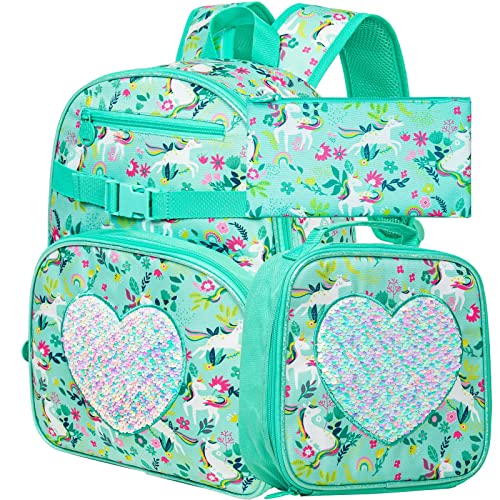Zlyert 3Pcs Preschool Backpack For Girls, Unicorn Kids Bookbag For Elementary Students, 16" Sequin Backpacks With Lunch Box For Girl - Green #TOP7