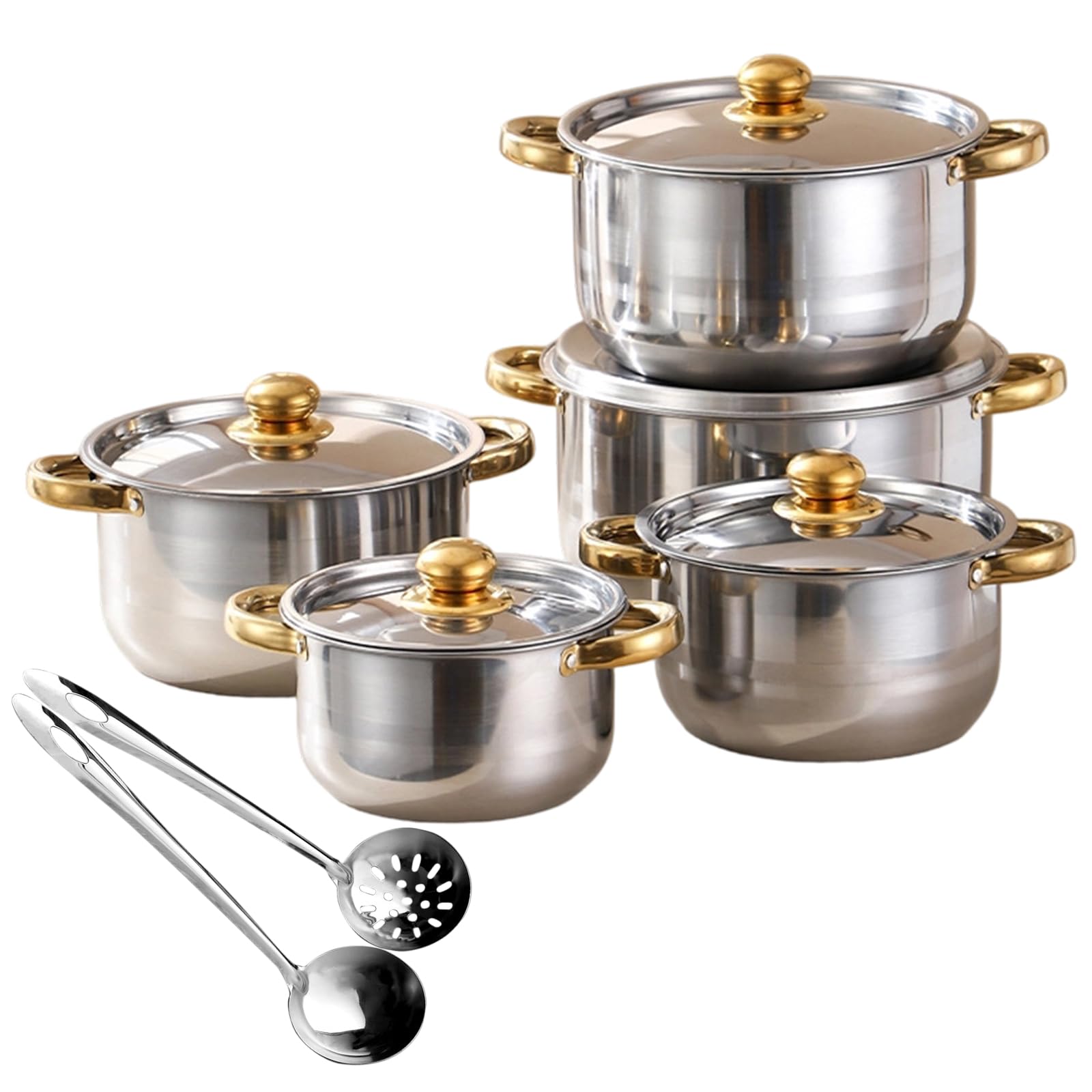 Set di pentole e padelle in acciaio inox – 5 pentole con 5 coperchi, 1 mestolo da zuppa, 1 cucchiaio scanalato, manici antiaderenti e fissi, senza PFOA per cucina Set di pentole