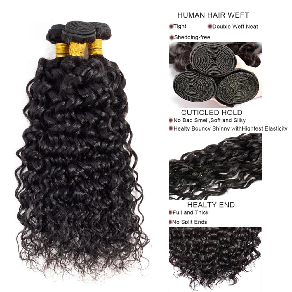 Water Wave Bundles Human Hair 20 22 24 Inch Wet And Wavy Human Hair Bundles Natural Black Color Quick Weave Brazilian Virgin Remy Hair Extensions Double Weft 3Pcs/Set