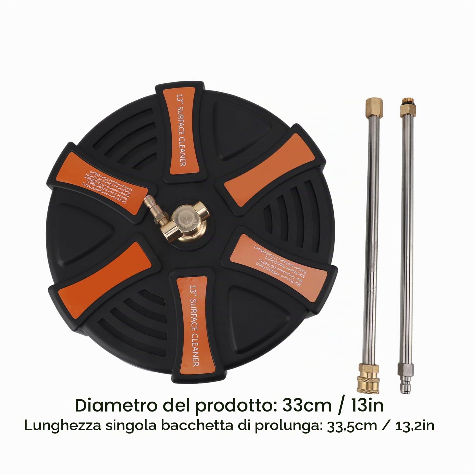 Idropulitrice per Superfici da 13 Pollici, Accessorio Idropulitrice in Acciaio Inossidabile per la Pulizia di Vialetti, Marciapiedi, Cortili, 2500 PSI, 2 Bacchette di