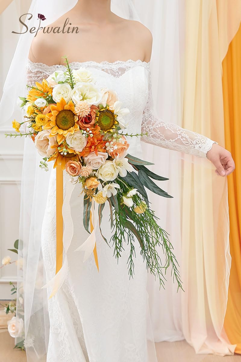 Serwalin Bouquets de mariage de 27,9 cm pour demoiselle d'honneur, bouquets de mariée blancs pour mariée, bouquet de fleurs de mariage, bouquet à lancer, bouquet de cérémonie de mariage et décoration