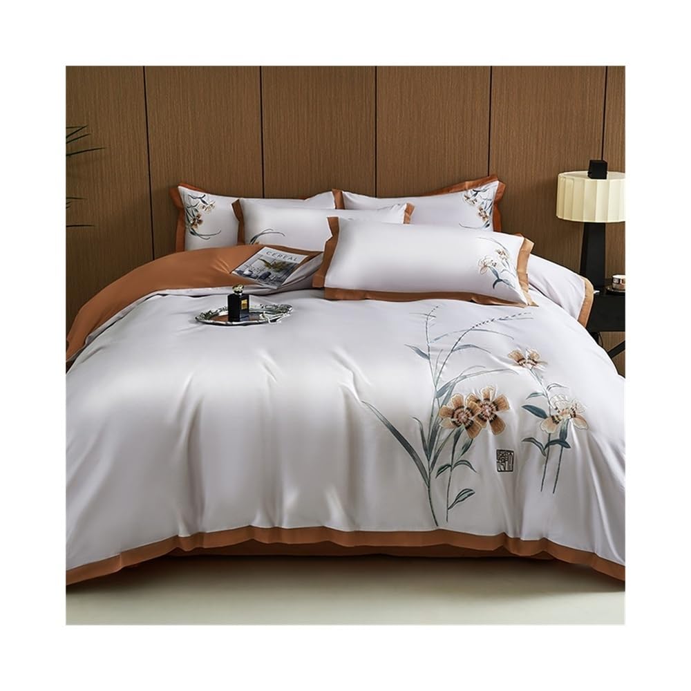 S5b8w3g7 Orange Bedding Set Luxury Chinese Style Flowers Embroidery Bedding Set Soft Breathable 600Tc Egyptian Cotton Duvet Cover 4 Pcs Home Textile