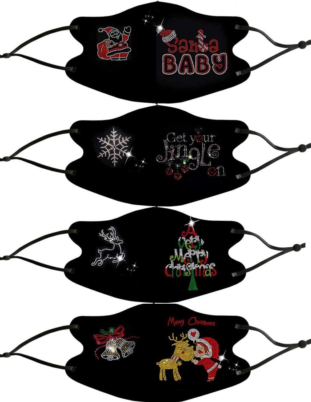 Fashionable Crystal Diamond Christmas Face Mask for Adults Women Girls, Xmas Washable Reuseable Rhinestone Face Coverings with Adjustable Ear Loops (Xmas-red Santa,elk,tree,snow) : Clothing, Shoes & Jewelry