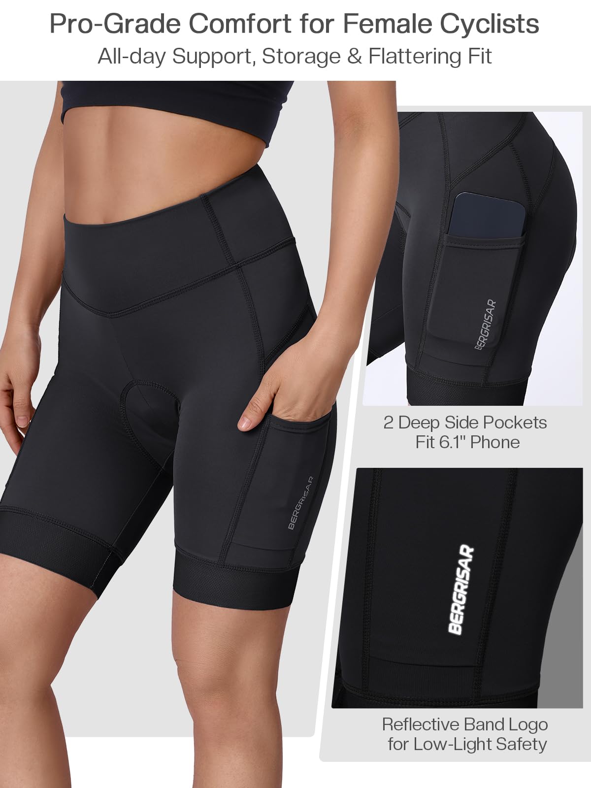 BERGRISAR Pantalones cortos de ciclismo acolchados 4D para mujer, con bolsillos, pantalones cortos de ciclismo
