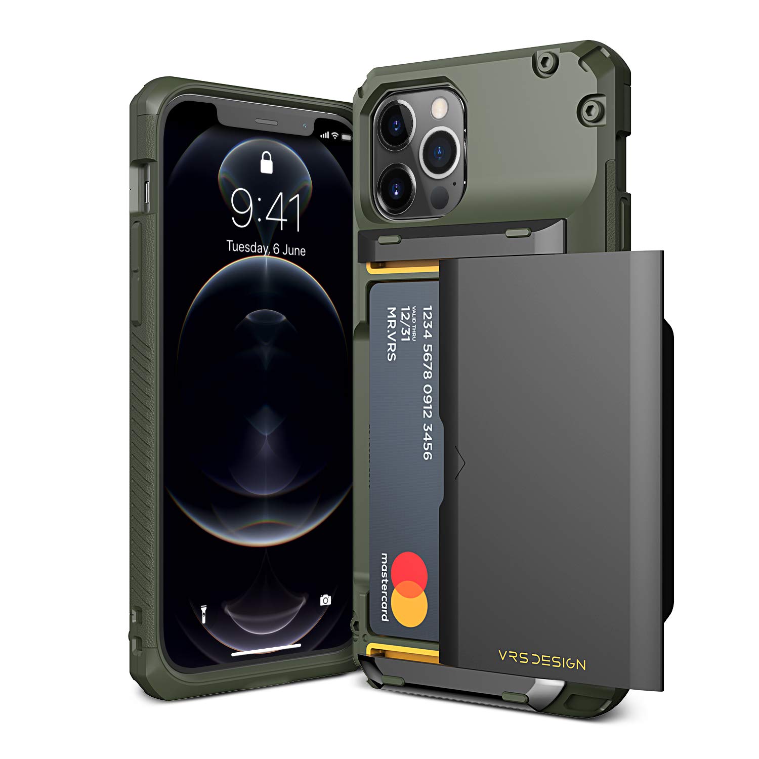 VRS DESIGN Damda Glide Pro Phone Case for iPhone 12/12 Pro, with [4 Cards] Premium Sturdy [Semi Auto] Credit Card Holder Slot Wallet for iPhone 12/12 Pro 6.1 inch(2020) Green