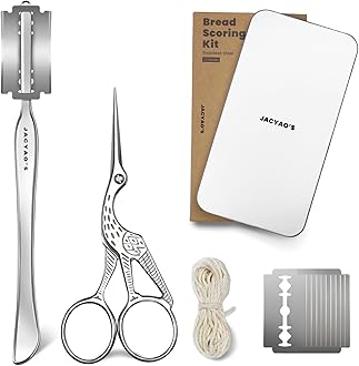 JACYAO'S Bread Scoring Tool Kit, Bread Lame and Dough Scissors Made From Food Grade Stainless Steel, Sourdough Scoring Tool Kit with 100 Inches Cotton Twine, 10 Razor Blades and Metal Storage Box