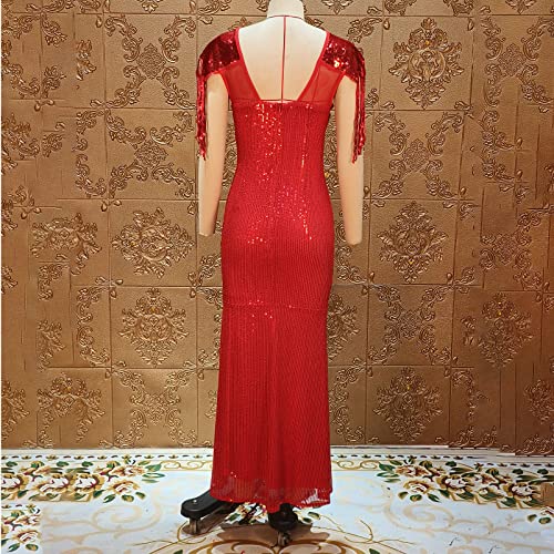 Image of Cololura Sexy Sequin Tassel Mesh Perspective Party Cocktail Bodycon Evening Club Maxi Dress