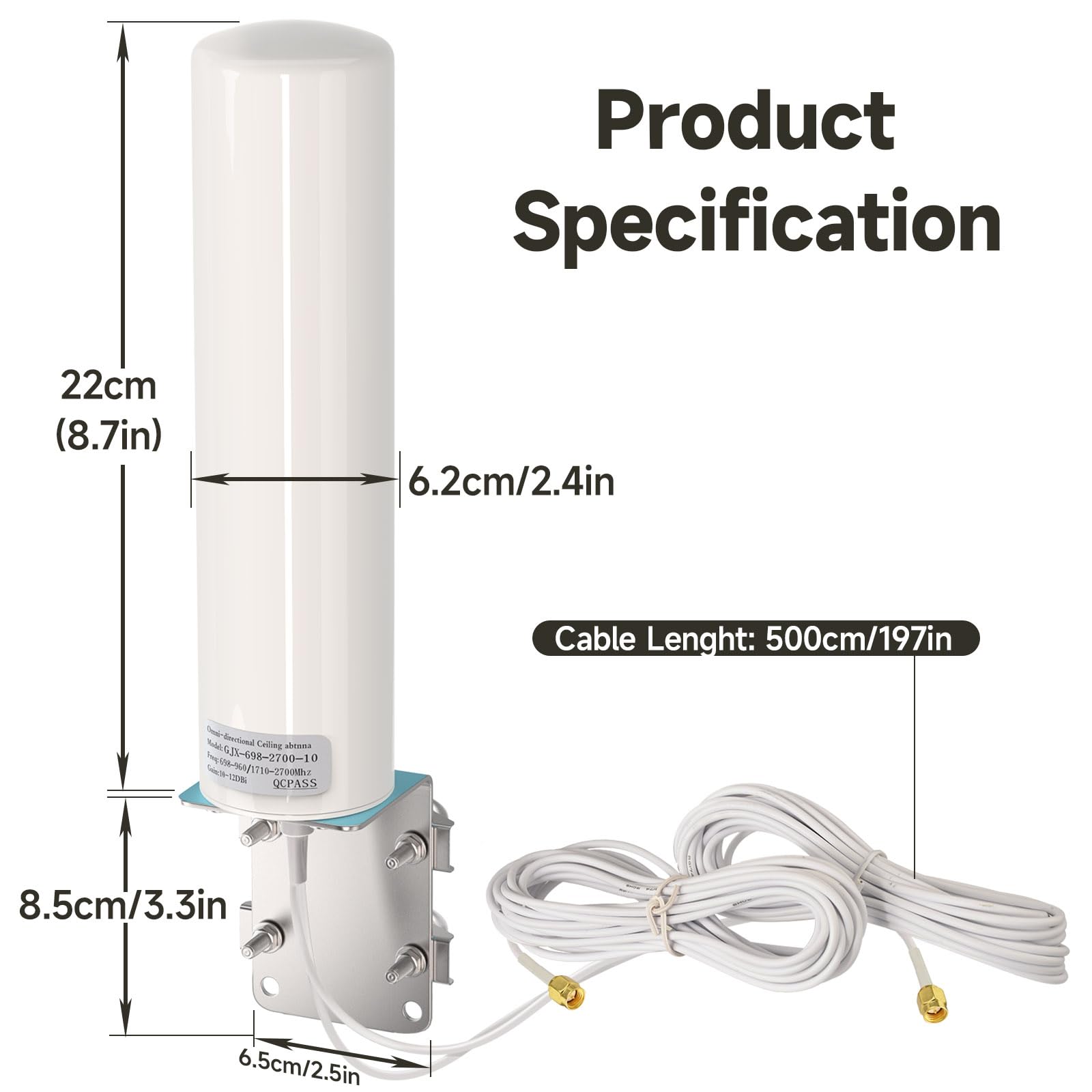 Superbat Antenna 4G Esterna 698-2700MHz 12dBi Omnidirezionale a Forma di Barile, Cavo RG174 5m con Connettore SMA Doppio per l'amplificazione dei Segnali GSM/2G/3G/4G