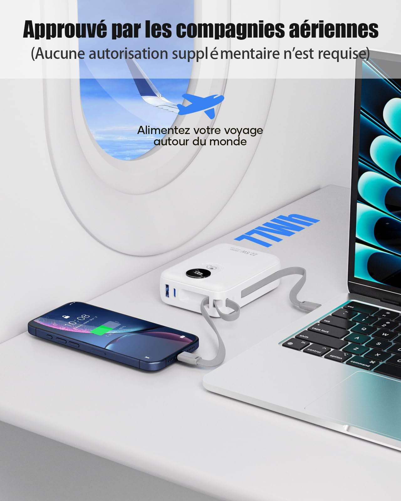 Batterie Externe 20000mAh avec Câble intégré : 22.5W Power Bank à Charge Rapide pour téléphone Portable, Batterie USB C (Input & Output), Chargeur Portable avec 4 Sorties et 2 entrées- Blanc