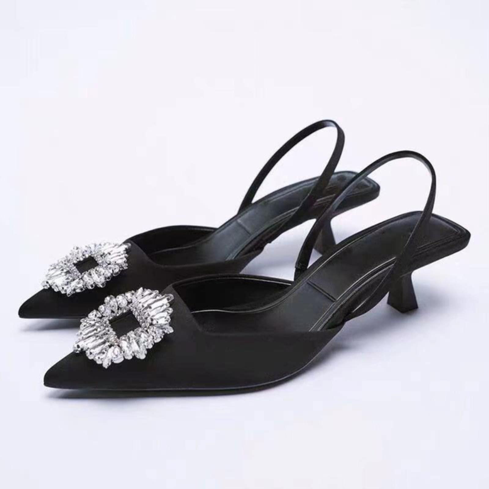 Heels Women Pumps Satin Heel Shoes Women Sandals Rhinestone Bow-Knot High Heeled Sandal Female-2-Black,38