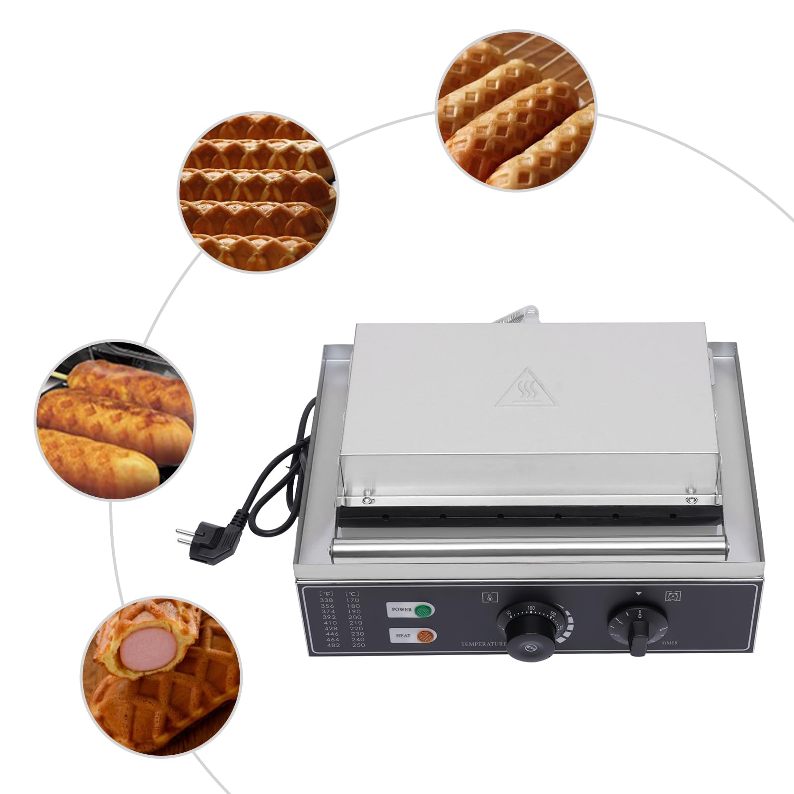 Gofrera eléctrica comercial de acero inoxidable, gofres con temporizador, 50-300 ℃, 1500 W, 220 V