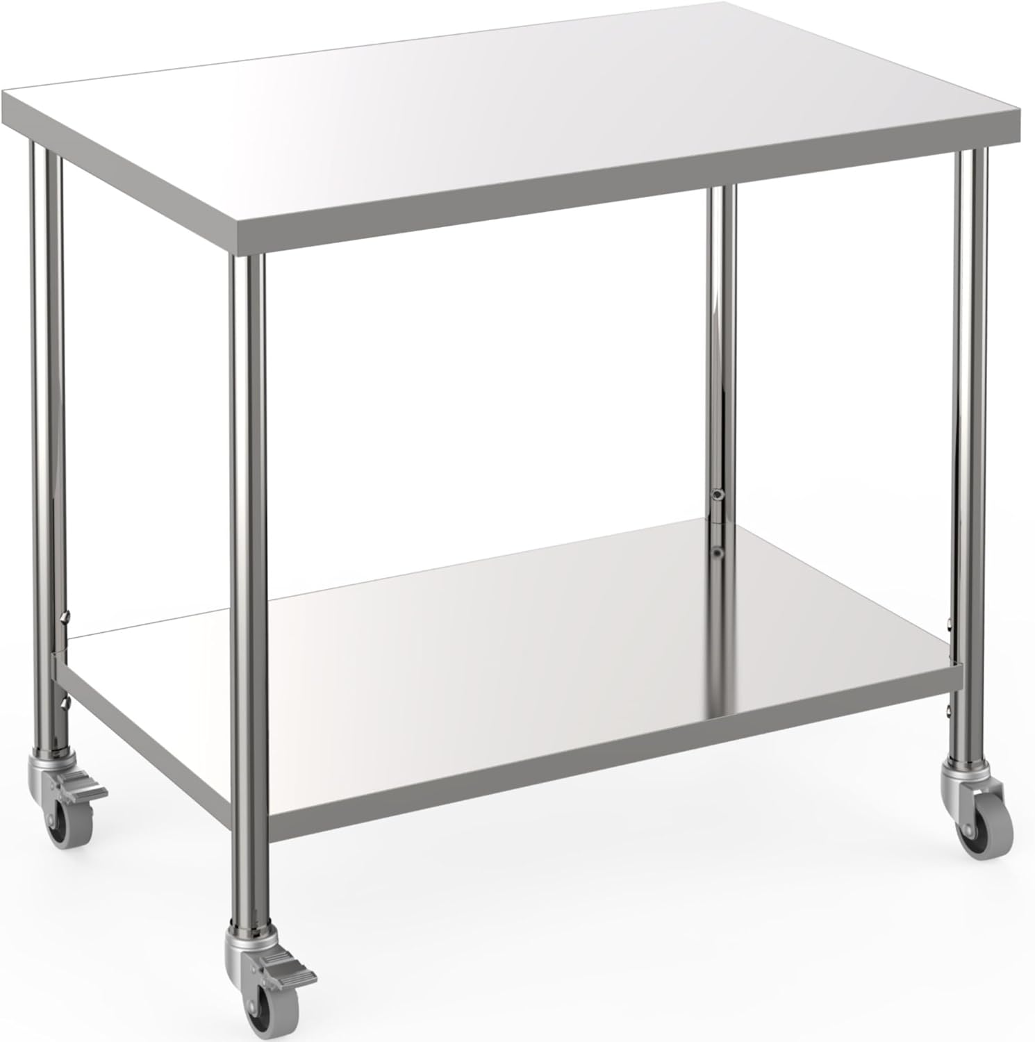 36"x24" Stainless Steel Work Table with Wheels, 2-Tier Commercial Kitchen Prep Table with Adjustable Undershelf & Pre-Assembled Feet, Metal Utility Tables for Restaurant, Home, Garage, Workshop