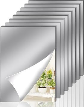 8Pcs Self Adhesive Plastic Mirror Sheets, 4.5 X 6 Shatterproof Arcylic Mirror Stickers, Flexible Stick on Mirrors Tiles for Wall Non Glass, Peel and Stick Mirror Stickers for Craft Scrapbook