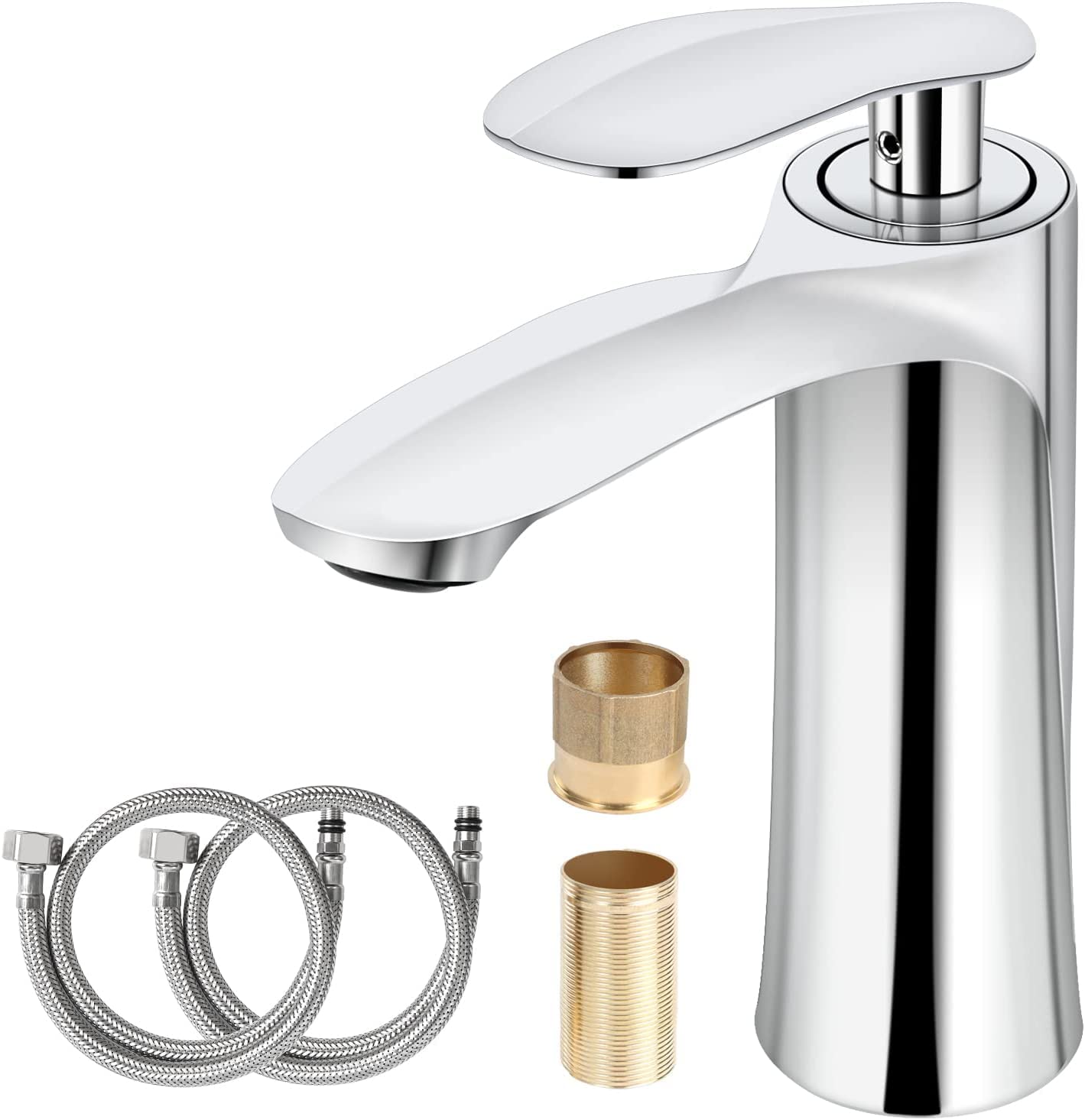 ZIYOU LANG One Handle Single Hole Bathroom Faucet Stainless Steel Lavatory Commercial Bathroom Bathtub Basin Vanity Faucets Tap with Hot&Cold Water Supply Lines 2 Hoses Chrome Polished(Maple Sliver)