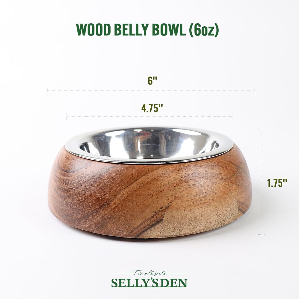Selly's Den Cuenco de madera para el vientre con inserto de acero inoxidable, rústico, antideslizante, duradero, resistente a la corrosión, plato de comida y agua para mascotas, base de goma sin BPA