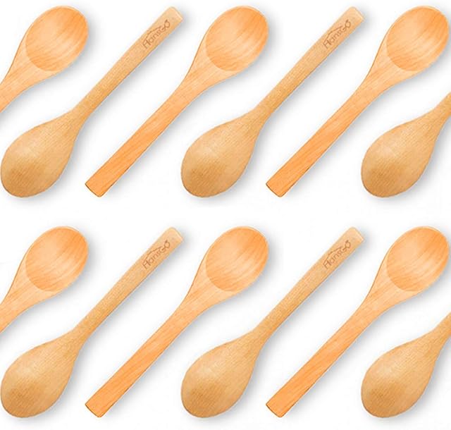 VGOODALL Handmade Wooden Spoon, 12PCS 13cm Small Wooden Serving Spoons Condiments Salt Spoons Honey Teaspoon Coffee Tea Sugar Salt Jam Mustard Ice Cream Spoons Wooden Cutlery