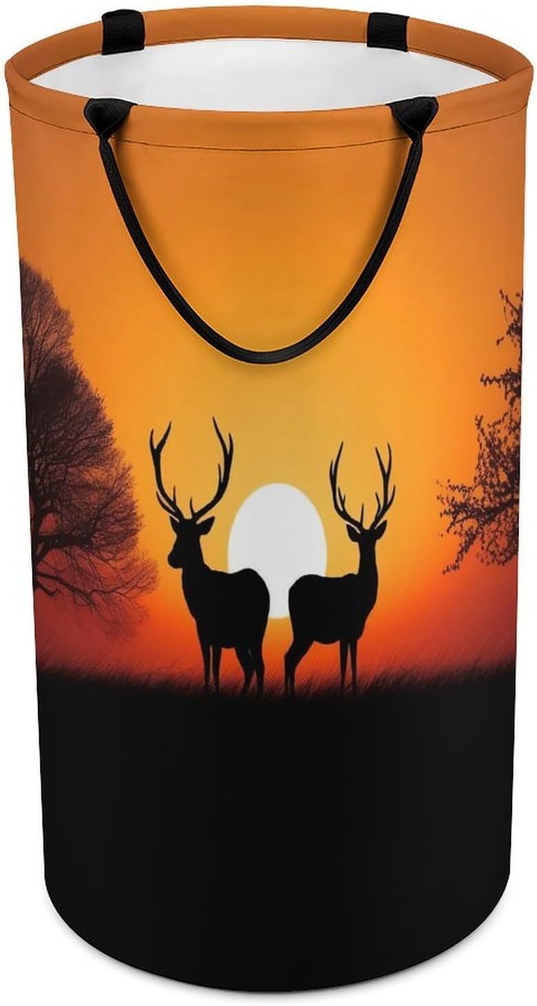 Nature Sunset Deer Laundry Basket Freestanding Laundry Hamper with Handles Waterproof Dirty Clothes Hamper Collapsible Washing Bin Aesthetic Clothes Basket for Bathroom Bedroom Dorm