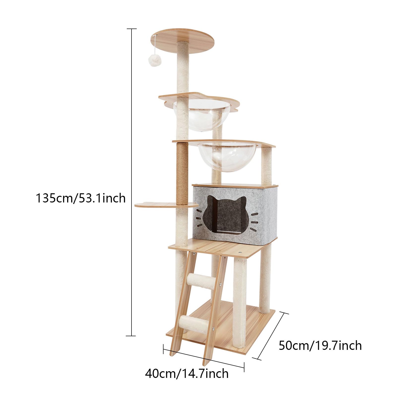 Rascador de madera, moderno árbol rascador para gatos con cueva para gatos, 50 × 40 × 135 cm, rascador para gatos grandes, estable, para 3-4 gatos pequeños y grandes, hasta 10 kg, gris