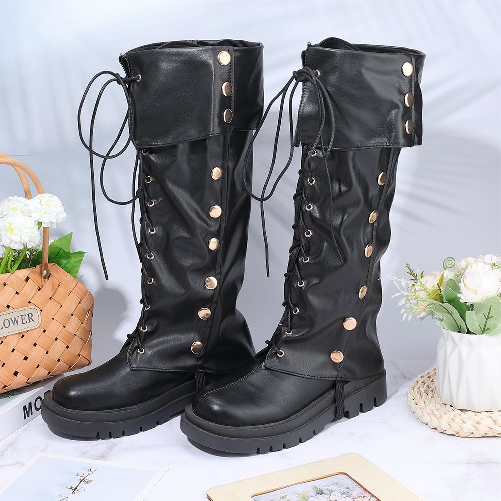 GORGECRAFT 2Pcs Medieval Boot Covers Black PU Leather Leg Guards Faux Leather Pirate Boots Wraps Vintage Renaissance Knight Leg Gaiters Costume Accessories for Halloween Carnival Warrior Cosplay