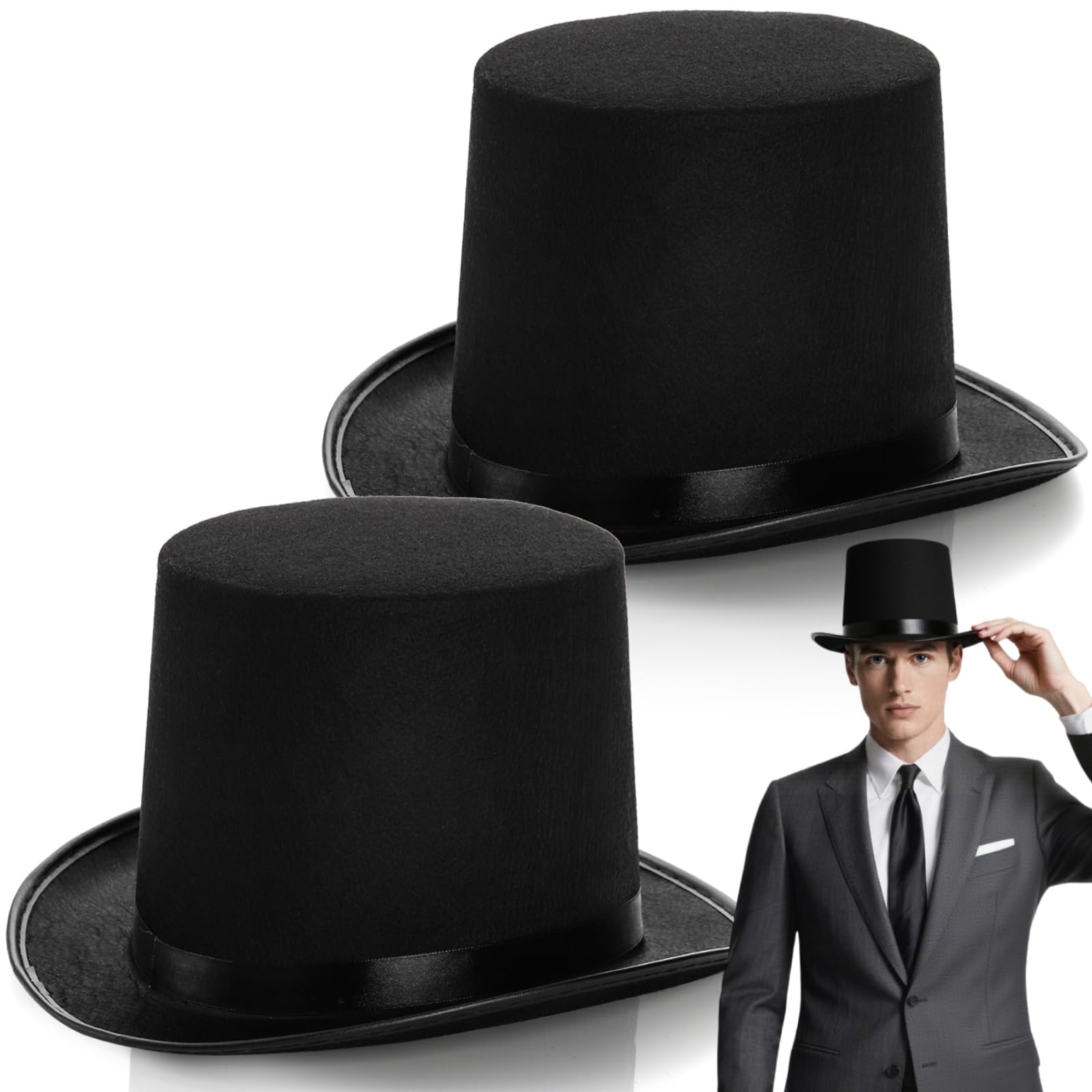 Pumtus 2 Pack Black Felt Top Hat, Funny Party Stovepipe Hat, Formal Tuxedo Vampire Costume Hat, Dress Up Victorian Hat for Cosplay, Halloween, Unisex
