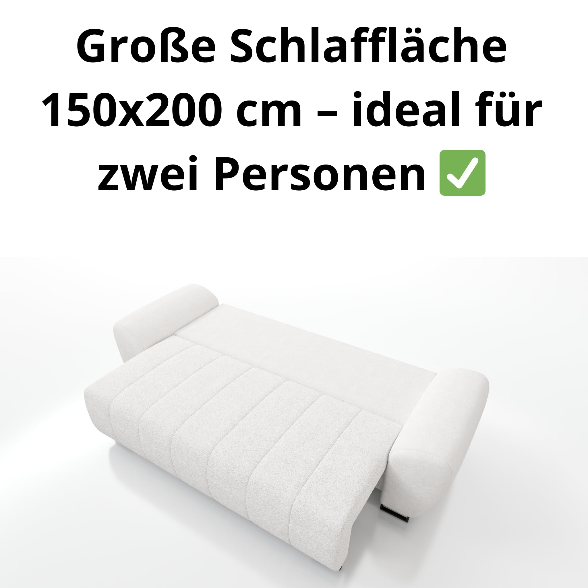 Ragnar 3 Modernes Schlafsofa, Weiß, Boucle Stoff, 270x103x83 cm, Schlaffunktion 150x200 cm, Bettkasten, Wohnzimmer Couch mit 7 Kissen, Metallbeine