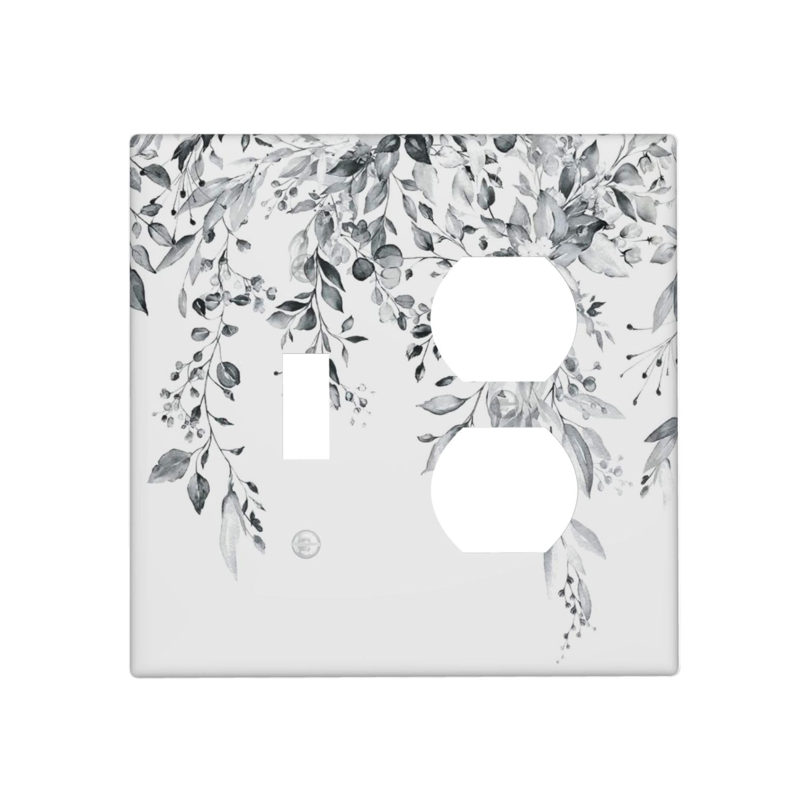 White/Grey Sage Eucalyptus Leaves 2 Gang 1 Toggle/Duplex Combo Outlet Light Switch Cover Wall Plate Combination Receptacle Faceplate Decorative Switchplate
