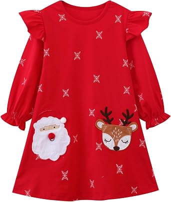 HILEELANG Girl Long Sleeve Dress Cotton Casual Applique Christams Tunic Shirt Clothes