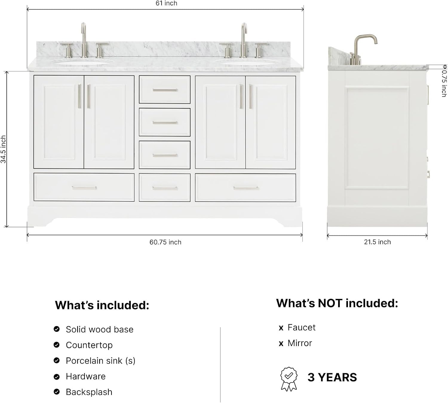 ARIEL Stafford 61" White Bathroom Vanity, Italian Carrara White Marble Countertop & Splash, Double Oval Sink, 4 Soft Closing Doors, 6 Full Extension Dovetail Drawers, Brushed Nickel