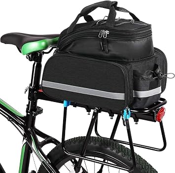 Bike Rear Rack Bag,10-25L Bicycle Trunk Bag with Rain Cover, Pannier Bike Bag with 2 Side Foldable Panniers, with Reflective Strips and Shoulder Strap, for Shopping,Cycling,Trip Black