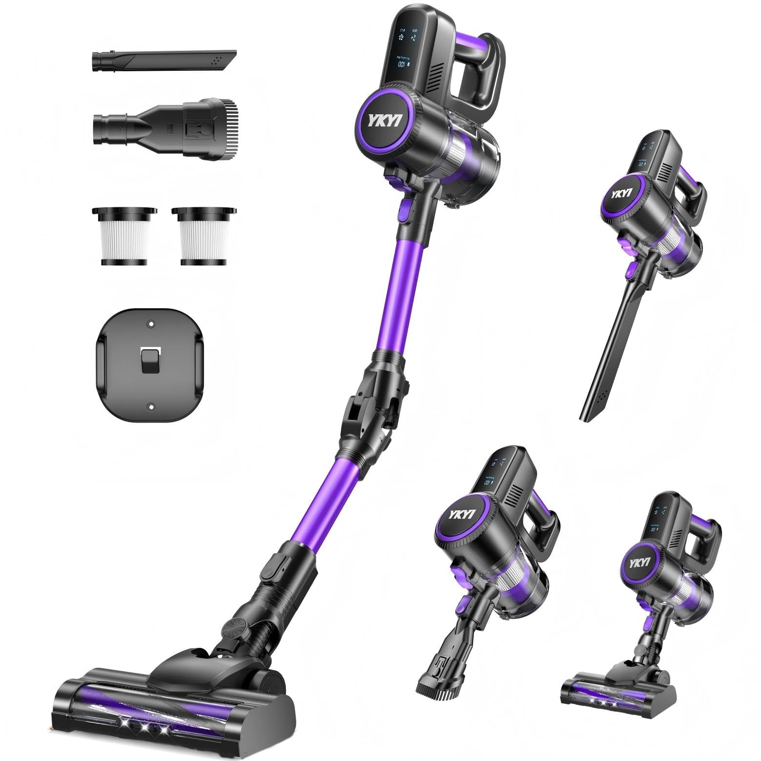 YKYI Cordless Vacuum Cleaner, 40KPa Suction 450W Motor with 2 Modes, 50-Min Runtime & Foldable Design, Cordless Stick Vacuum with LED Display for Home Hard Floors/Pet Hair(Royal Purple)