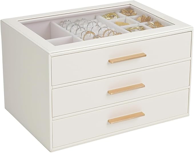 Joyero Organizador con Tapa de Vidrio y 3 Cajones Blanco Cál