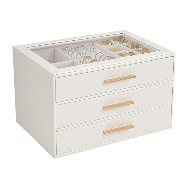 GUOER Jewelry Box for Women Glass Lid Jewelry Organizer with 3 Drawers PU Jewelry Storage Case for Necklaces