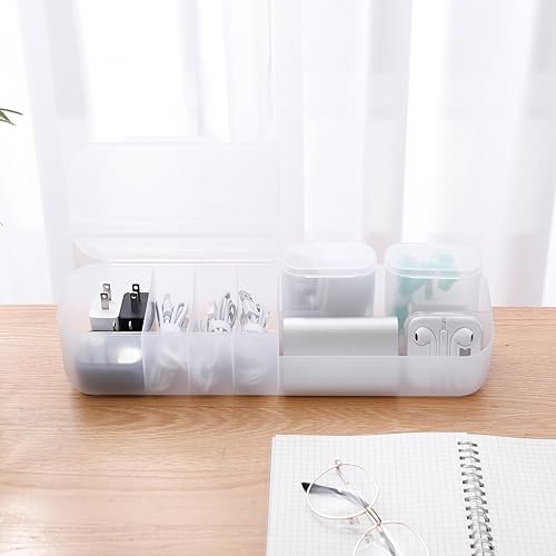 Organizador de almacenamiento de cables de plástico con tapa, caja de cables grande para cajón de escritorio con lazos de alambre para suministros