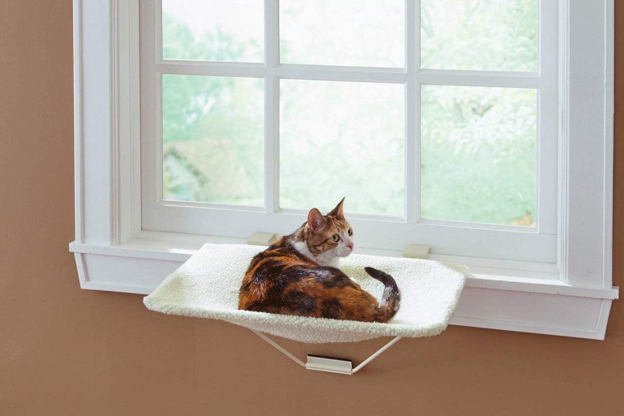Prevue Pet Products TabbyNapper Easy Mount Cat Hammock Bed Perch - Indoor Window Cat Bed and Perch for Small and Large Cats, Fleece Cushion, No Tools Needed, No Drilling or Wall Screws