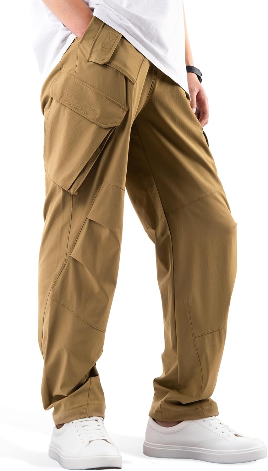 Men's Baggy Cargo Pants,Loose Fit Hip Hop Parachute Pants with 8 Pockets,Waterproof Lightweight for Outdoor,Hiking,Street Khaki