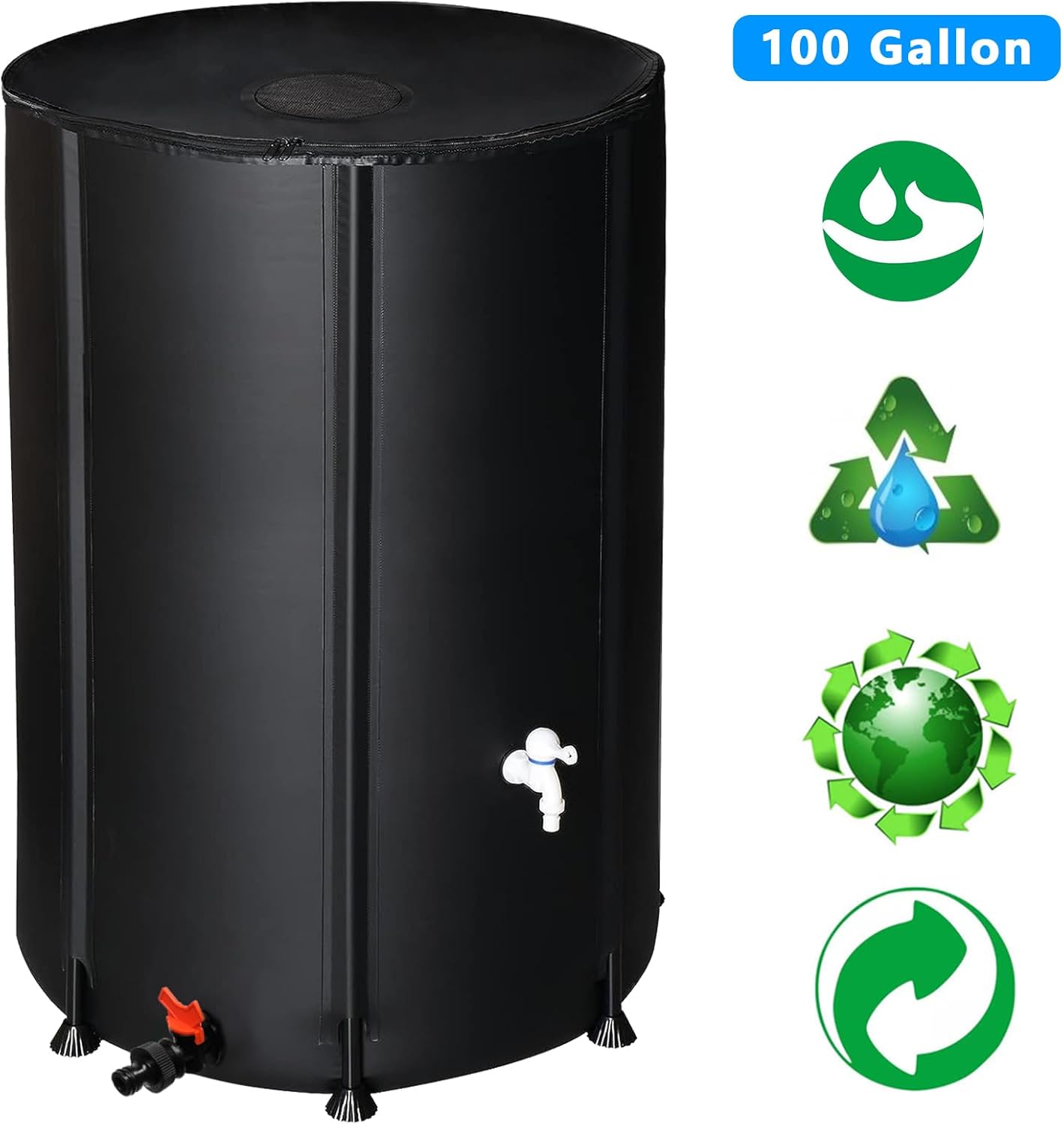 Outvita 100 Gallon Collapsible Rain Barrel, Garden Water Storage Tank, Portable Folding Rainwater Collector, Water Catcher with Filter Overflow Kit Faucet Black