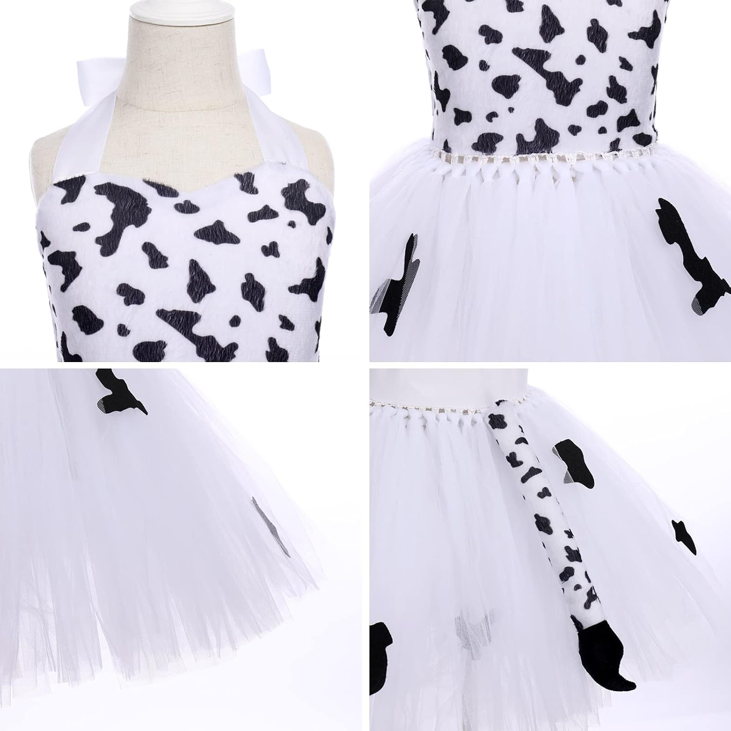 Toddler Girls Cow Cosplay Tutu Dress 3pcs with Cow Ears Headband Cow Tail Animal Fancy Costume Kit Halloween Cosplay Birthday Party Outfits Baby Girl Jungle Themed Cosplay Dress White Cow 9-10 Years - Image 4