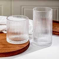 Lumkit Ribbed Highball Glasses Set of 8 (4x10oz & 4x12oz) - Clear Tumbler Cups for Cocktails, Whiskey, Parties, Dishwasher Safe