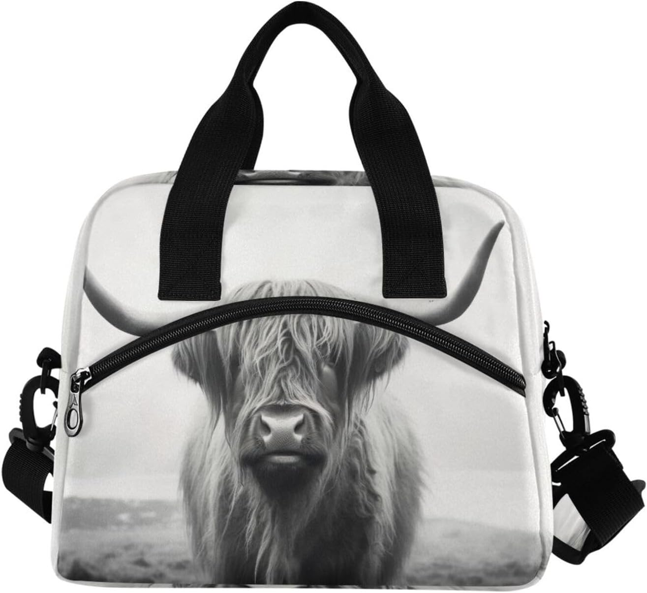 Blueangle Funny Scottish Highland Cow Portable Lunch Bag with Detachable Shoulder Strap, Insulated Cooler Thermal Reusable Bag Lunch Box Handbag