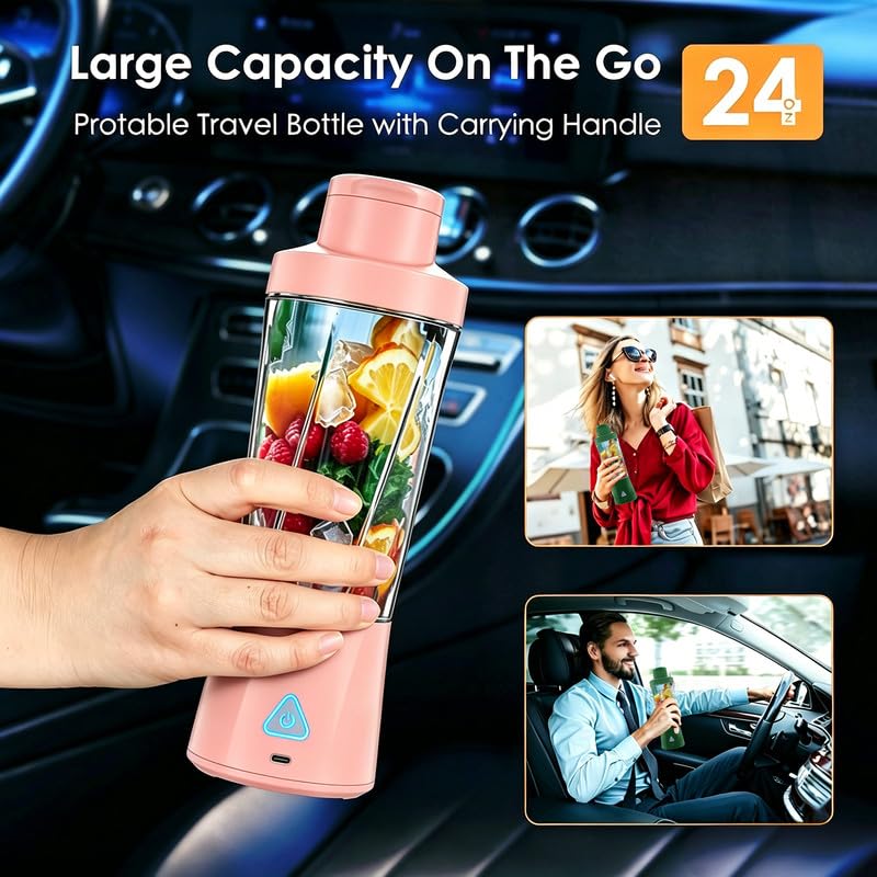 Personal Blender Mini frullatore portatile senza fili, senza fili, 360 Watt, per frullati, succhi appena spremuti, 6000 mAh, autopulente e senza BPA, con 6 lame affilate, rosa carino