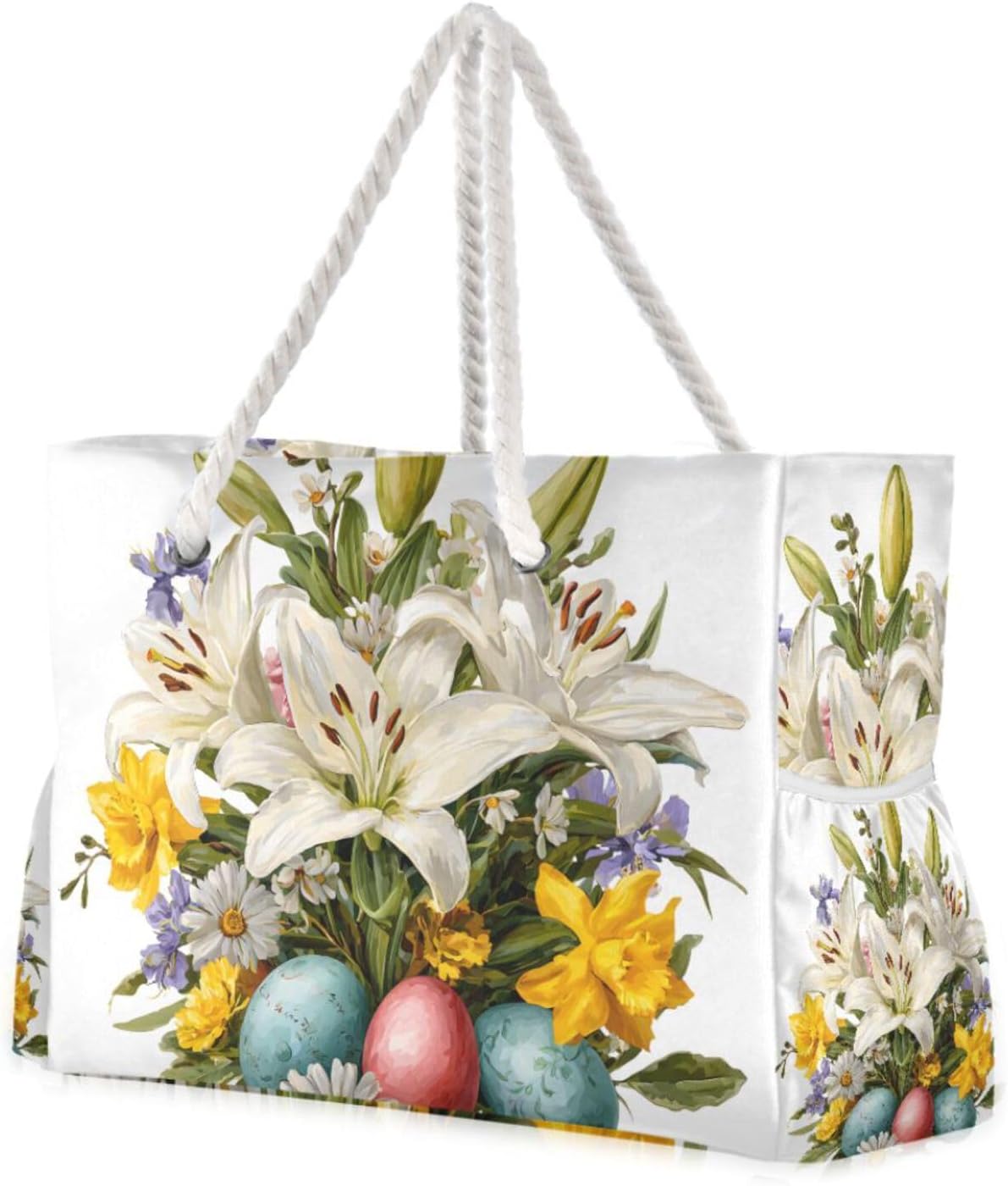 OTVEE White Lily and Daisy Easter Beach Bags for Women Ladies Large Canvas Tote Shoulder Bag Waterproof Travel Bags for Gym Swim Pool Camping