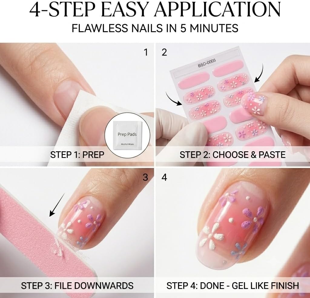 Pink Gel Nail Strips for Women, No UV Lamp Needed, 3D Embossed Flower Nail Stickers, Glossy Full Cover Self Adhesive Nail Wraps, Long Lasting DIY Salon Manicure