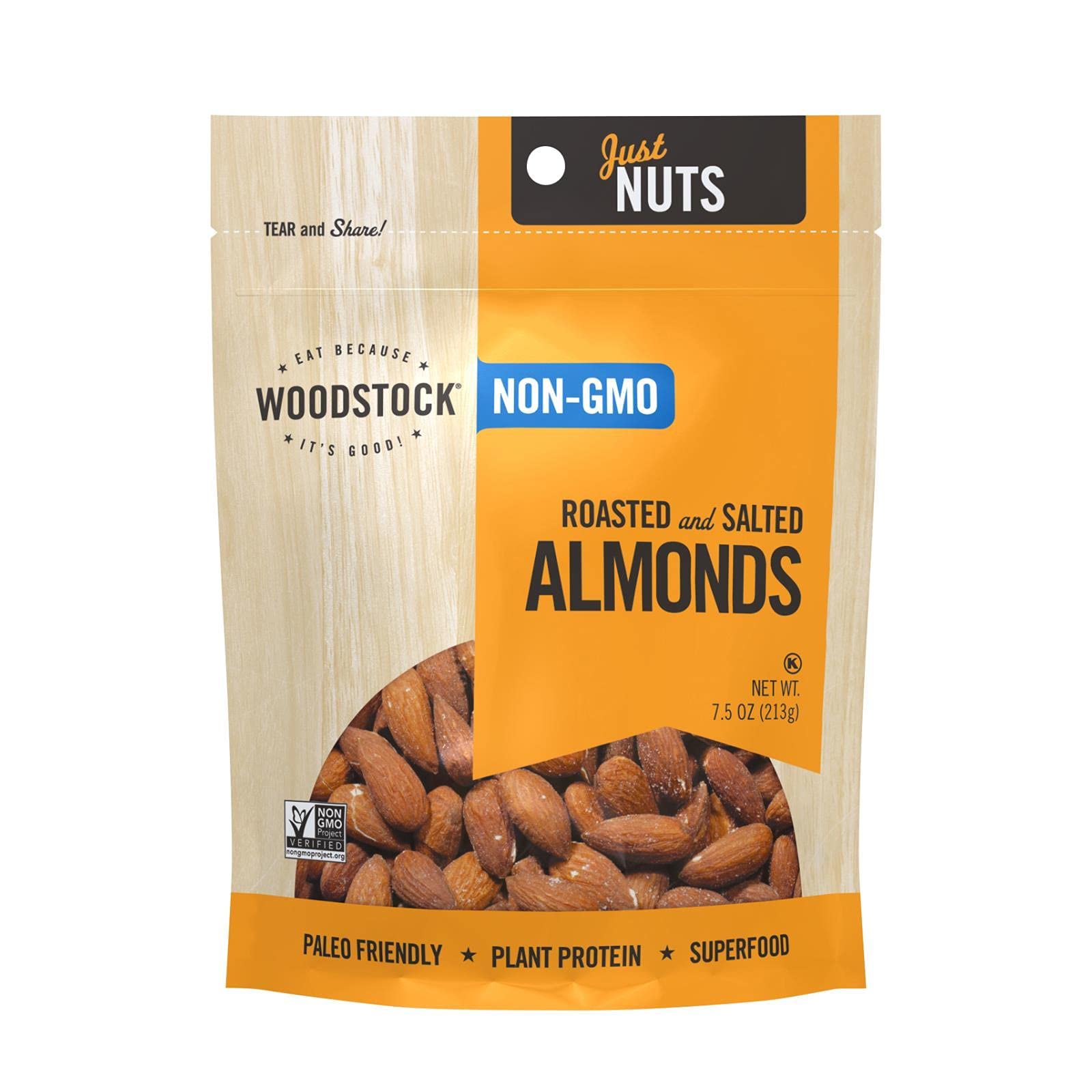 Woodstock Farms All Natural Whole Roasted and Salted Almonds, 7.5-ounce Bags (Case of 8)
