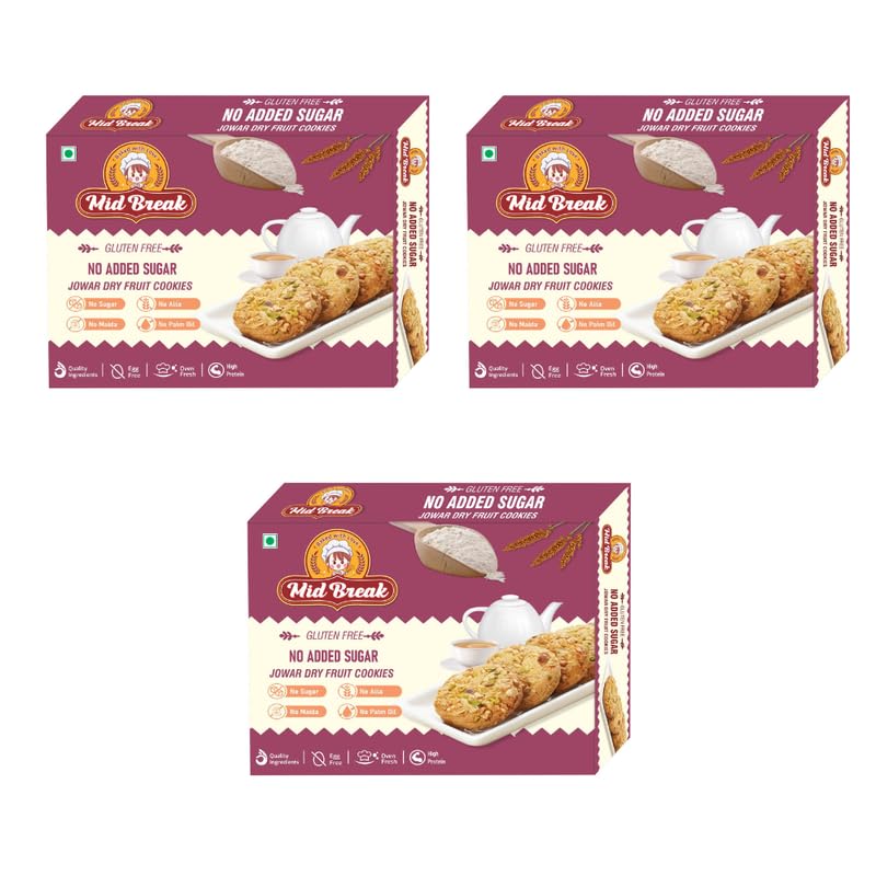 Image of Midbreak No Added Sugar Jowar Millet & Dry Fruit Cookies 200g (Pack of 3) |Gluten-Free Biscuits | High Fiber Diabetic-Friendly Healthy Snack